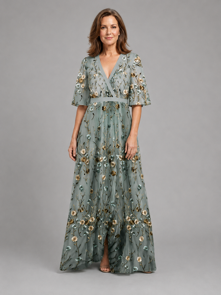 Evadne | Floral V Neck Short Sleeve Maxi Dress