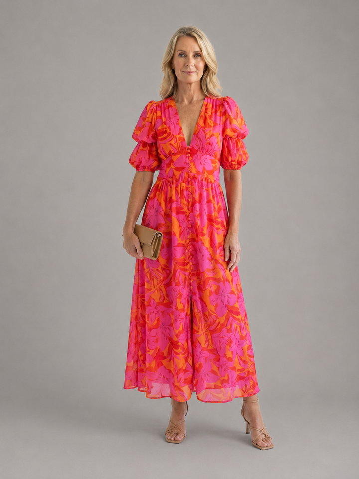 Willow | Floral V Neck Puff Sleeve Midi Dress