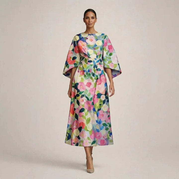 Clementine | Floral Midi Dress With A Sculpted Waist And Airy Elegance