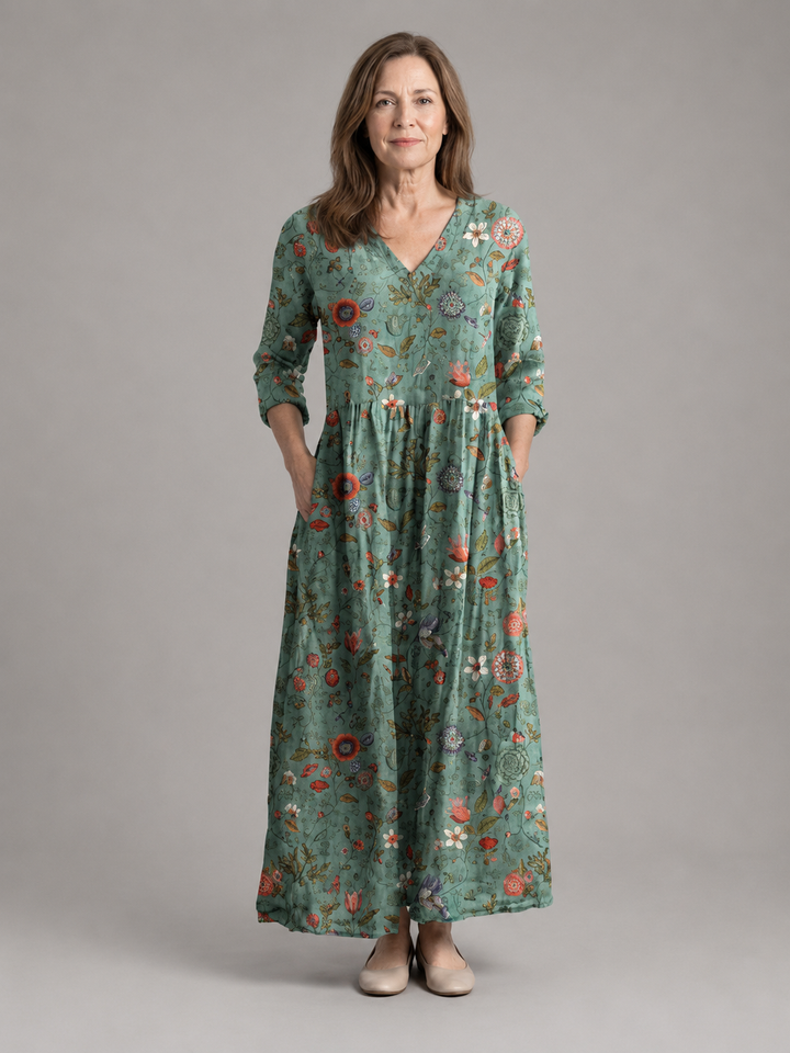 Marina | Floral V Neck Three Quarter Sleeve Maxi Dress