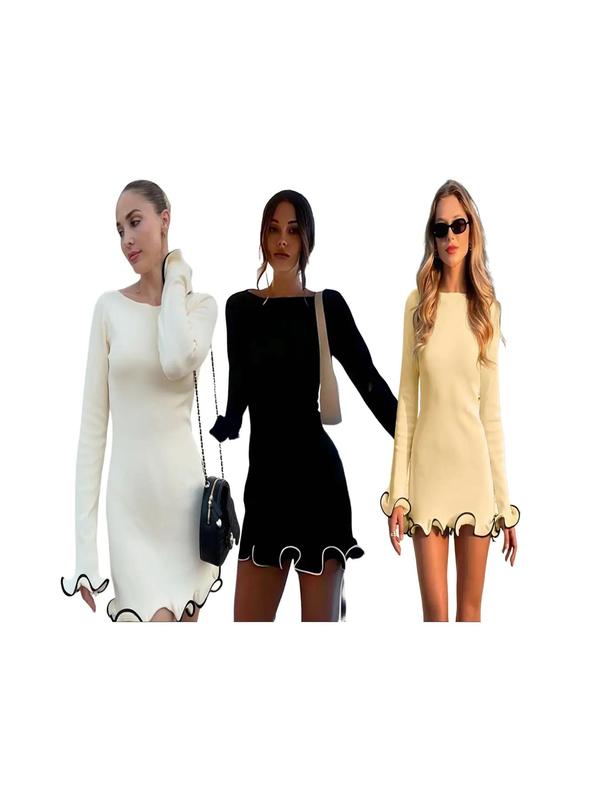 SARAH™ - Elegant Colorblock Wave Hem A-Line Long Sleeve Dress
