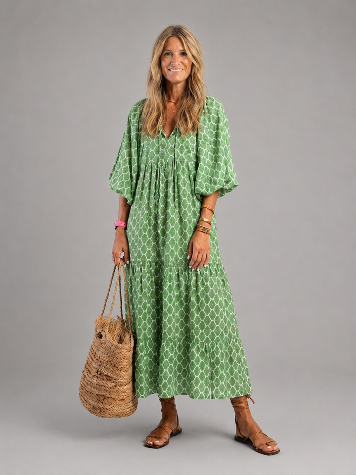 Apolline | Three Quarter Sleeve V Neck Patterned Midi Dress